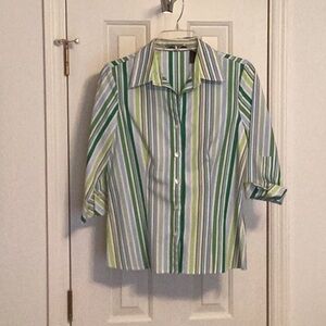 Liz Claiborne Green and Blue Striped Top, Size 4.  97% Cotton, 3% Lycra.